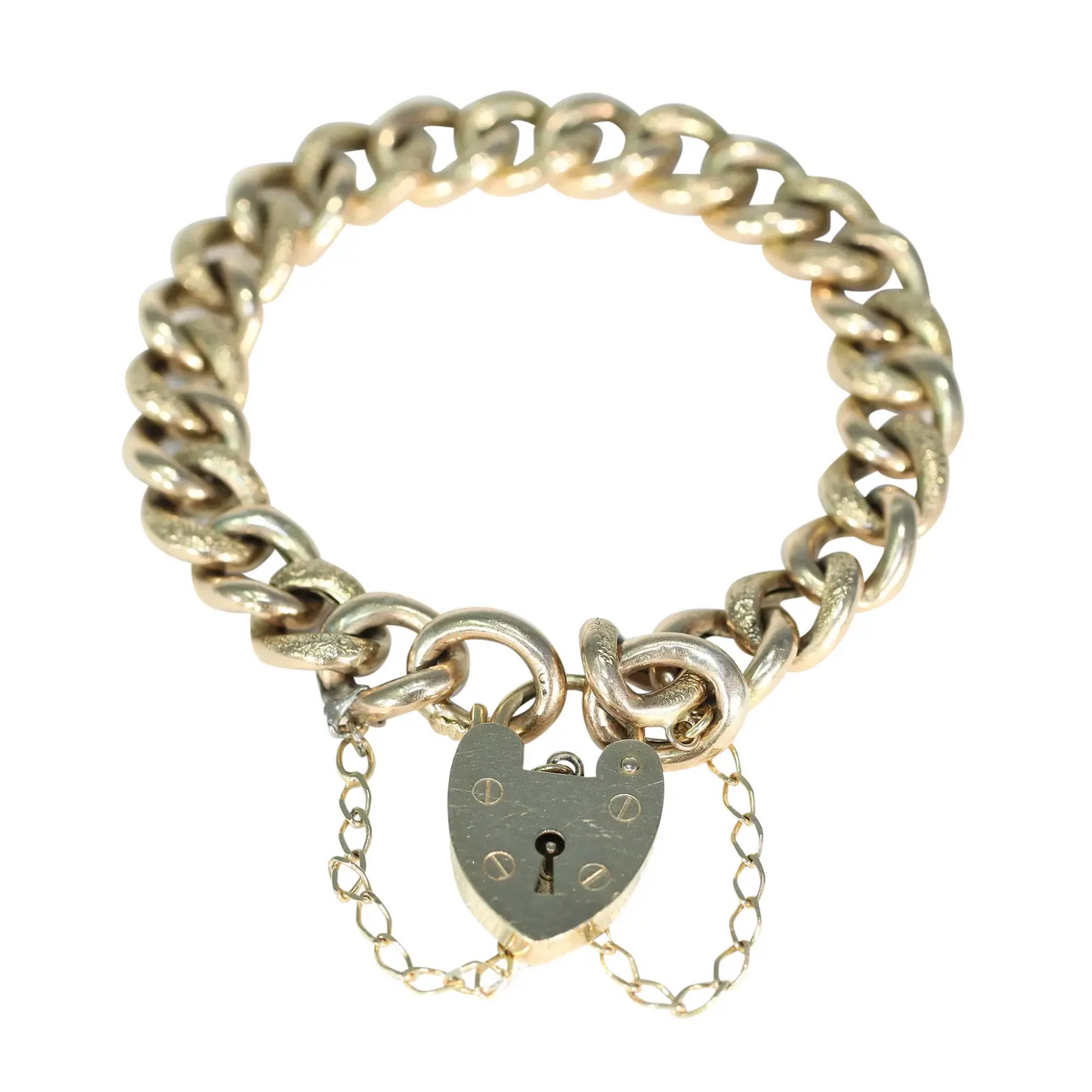Antique 9k Gold Heart Curb Link Bracelet 7.75