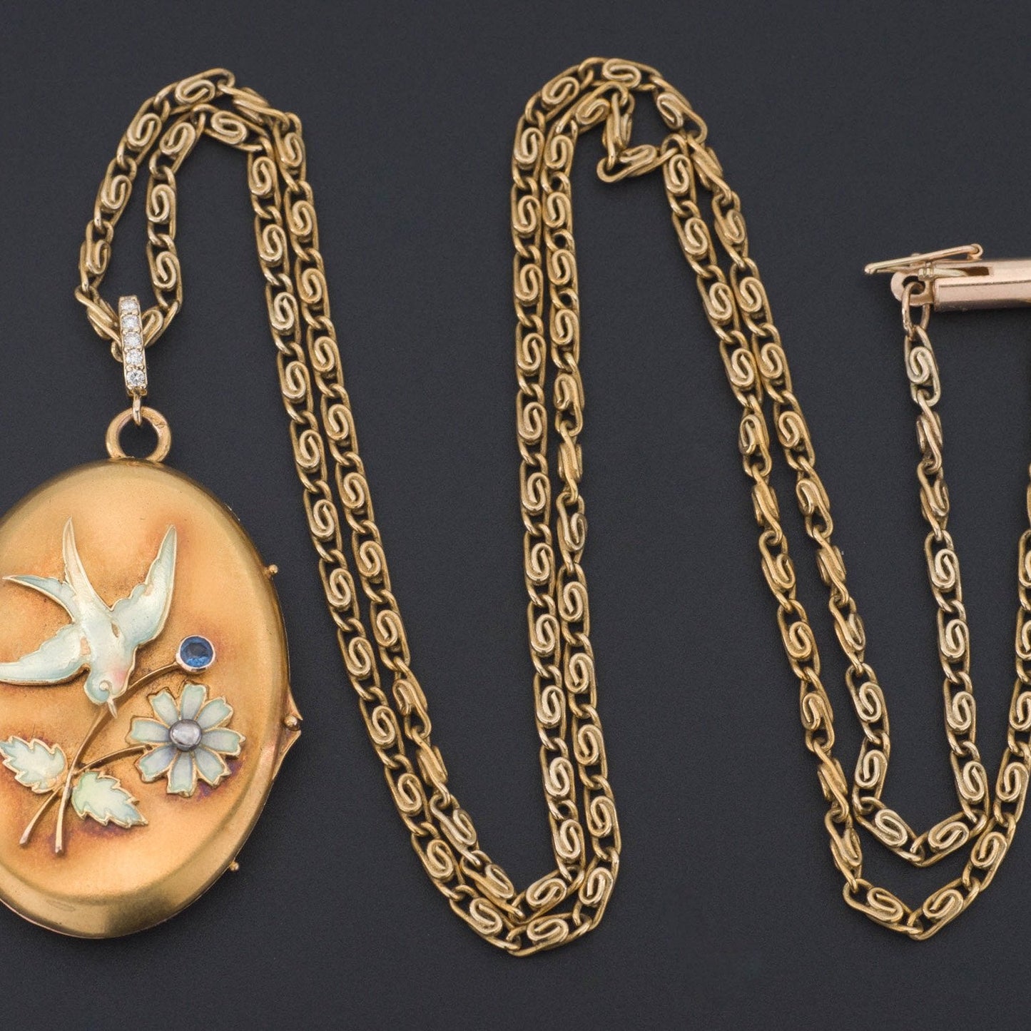 Antique Gold & Enamel Locket | Art Nouveau Bird Locket