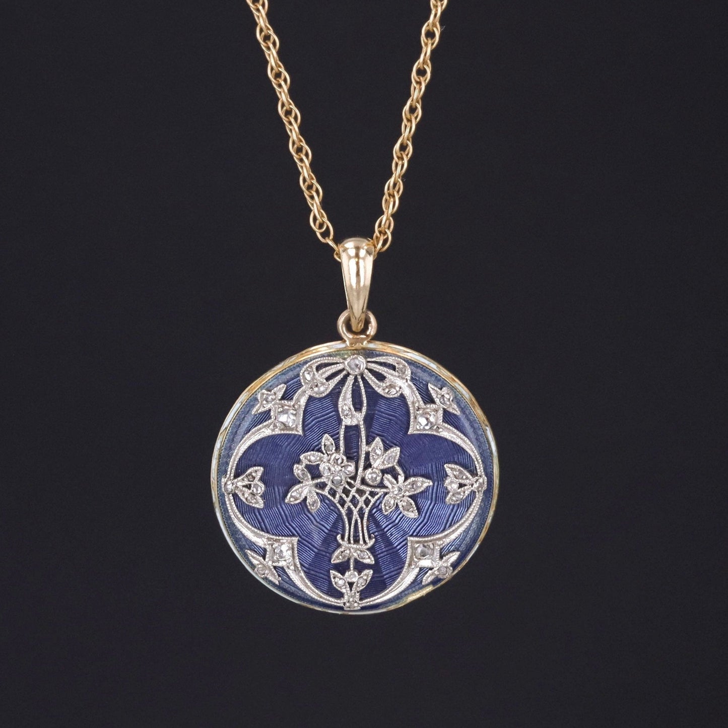 Antique Flower Basket Necklace | Diamond & Enamel Necklace