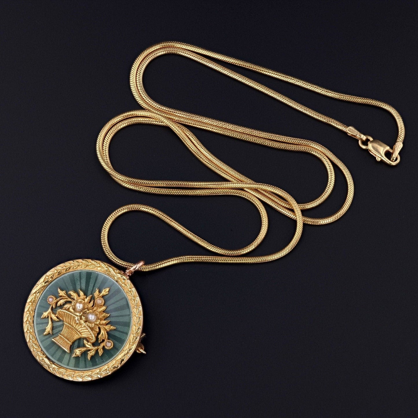 Antique Guilloche Enamel Flower Basket Pendant Brooch of 14k Gold