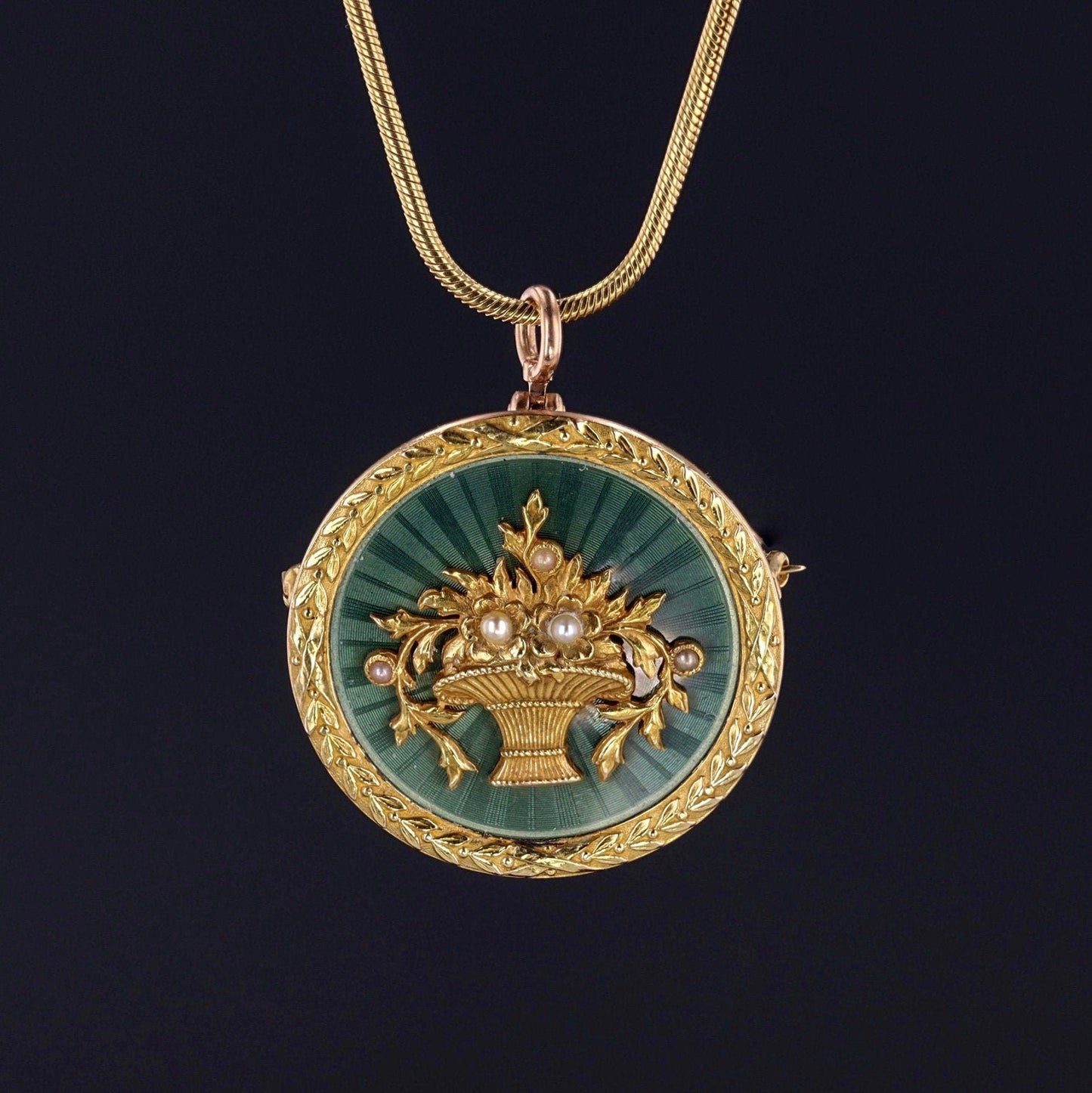 Antique Guilloche Enamel Flower Basket Pendant Brooch of 14k Gold