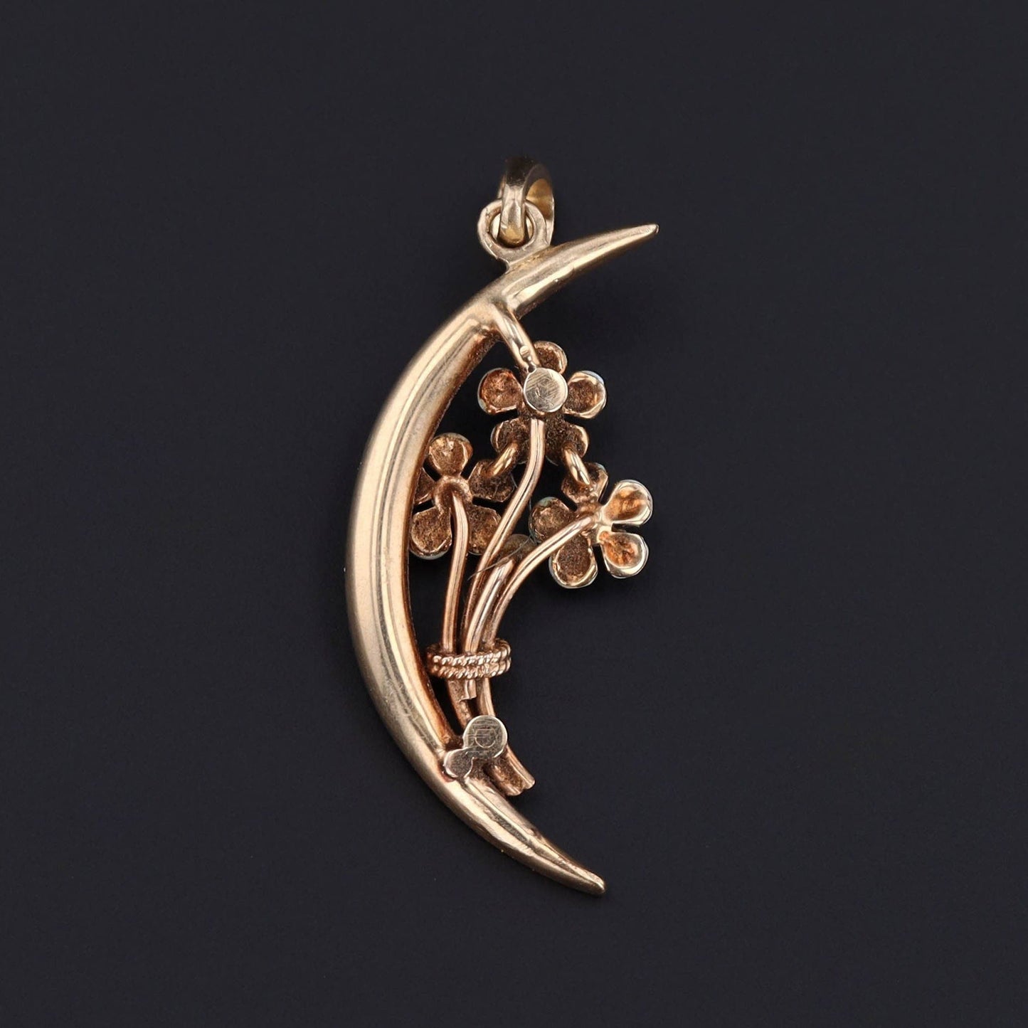 Antique Forget-me-not Pendant | 14k Gold, Enamel & Pearl Crescent Pendant