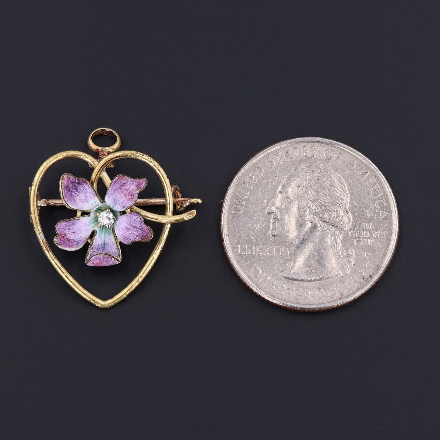Antique Enamel Violet Heart Pendant or Brooch of 14k Gold