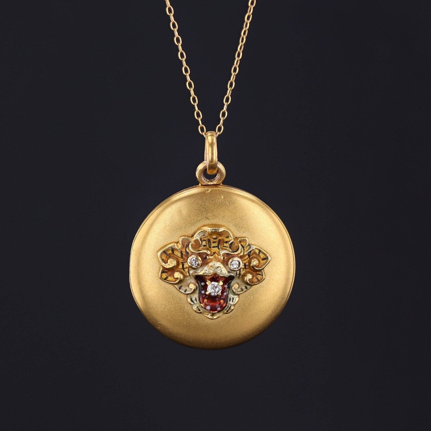 Antique Enamel Tiger Locket of 14k Gold