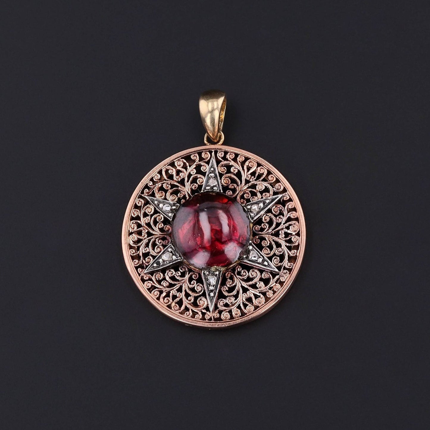 Antique Garnet and Diamond Star Pendant of 14k Rose Gold