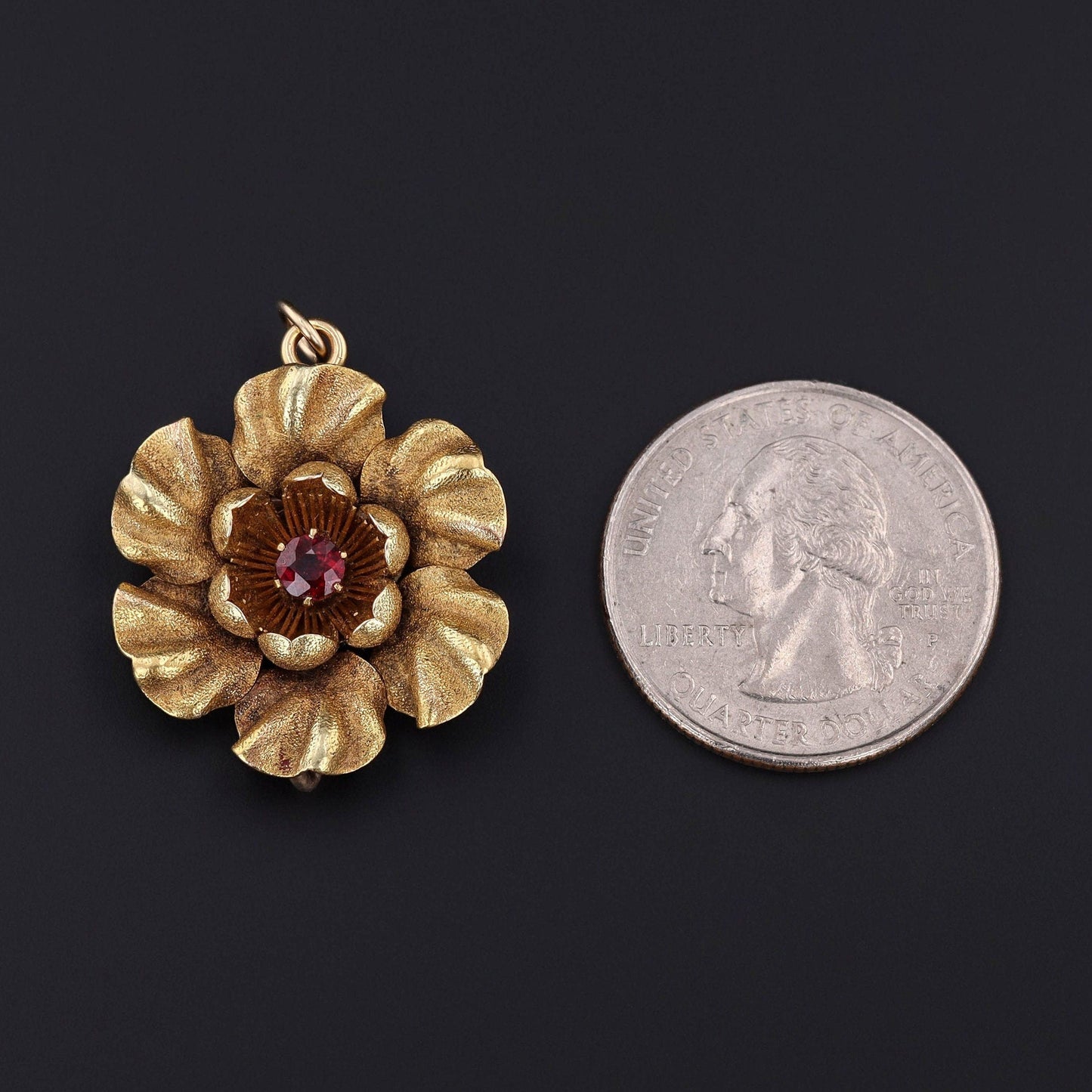 Antique Garnet Flower Pendant Brooch of 14k Gold