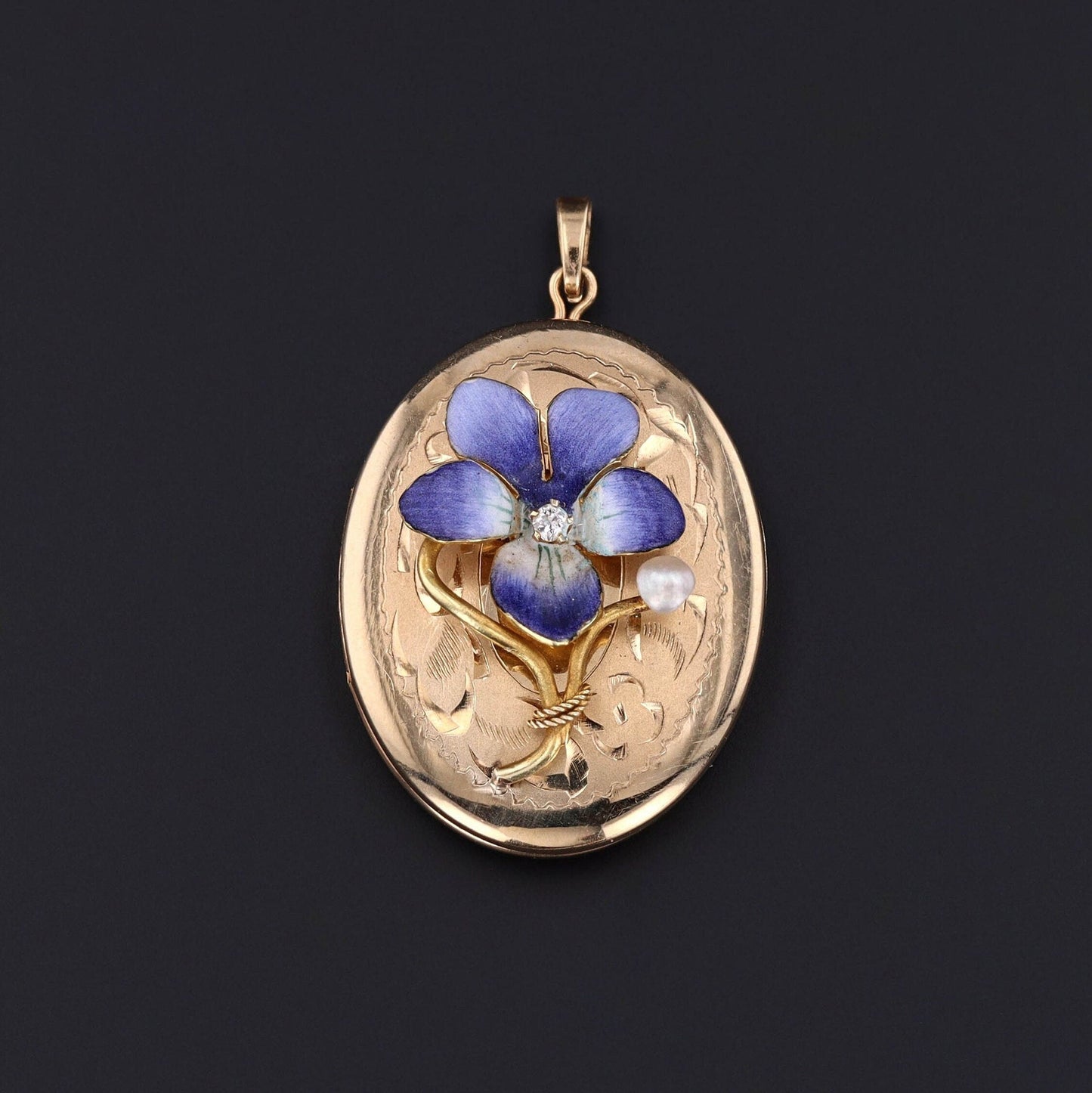Antique Enamel Violet Locket of 14k Gold