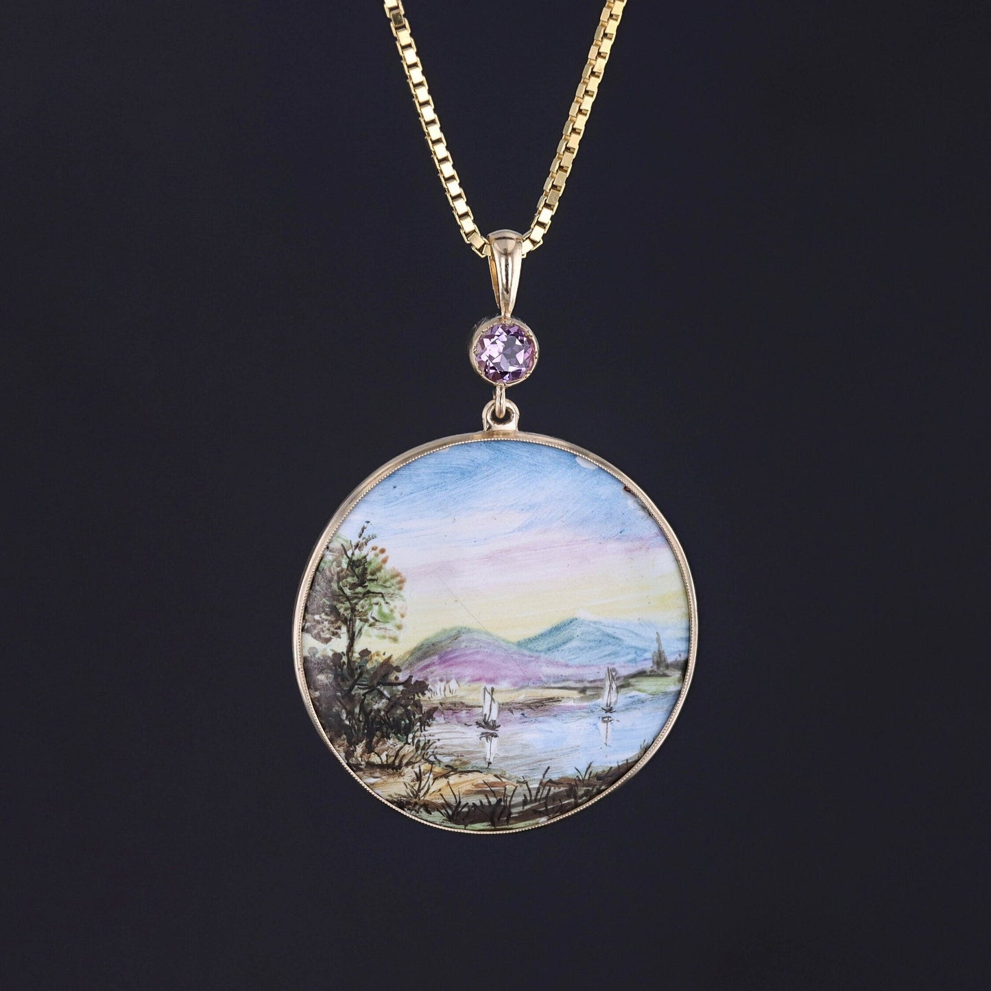 Antique Hand Painted Enamel Landscape Pendant of 14k Gold