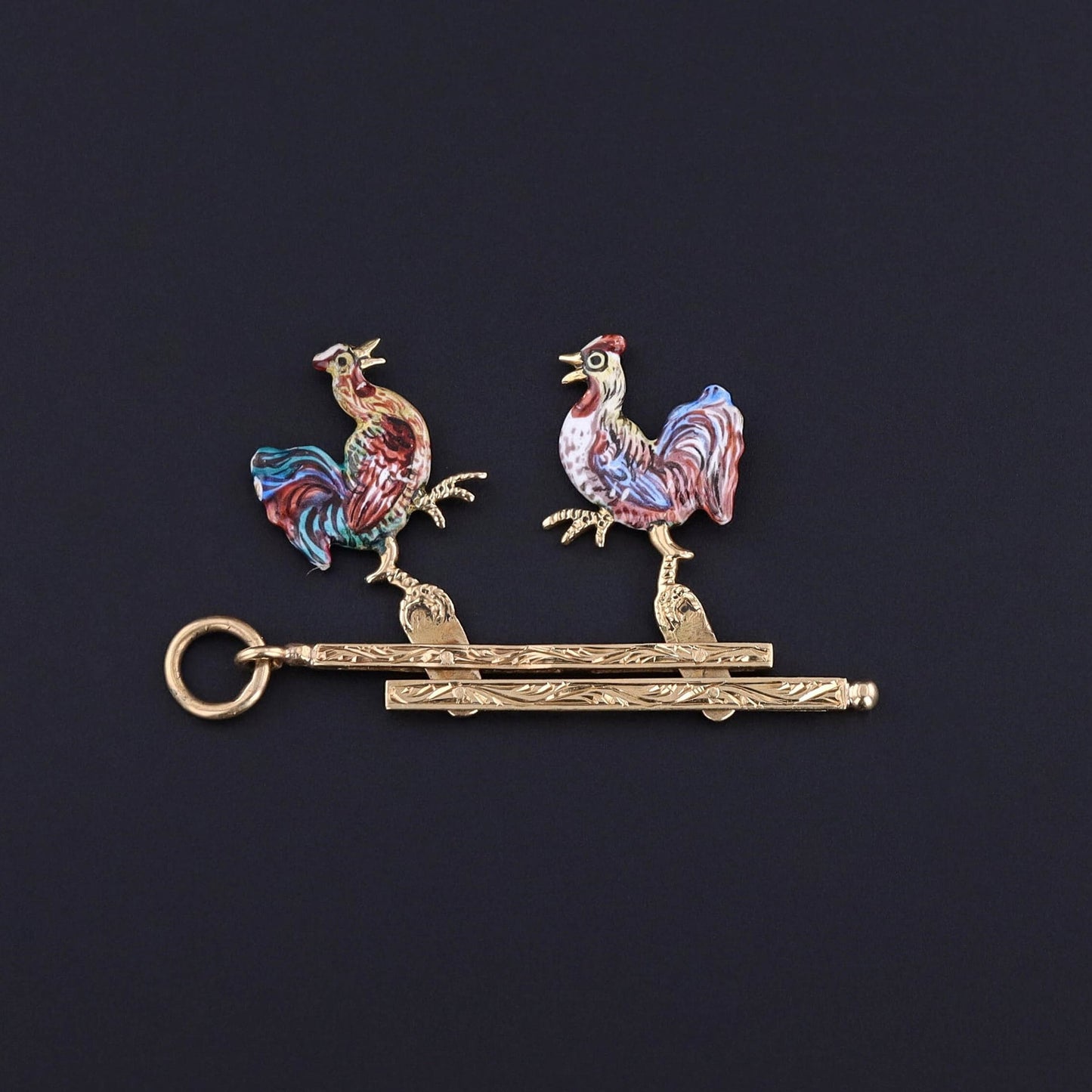 Antique Enamel Moveable Cockfight Pendant of 14k Gold