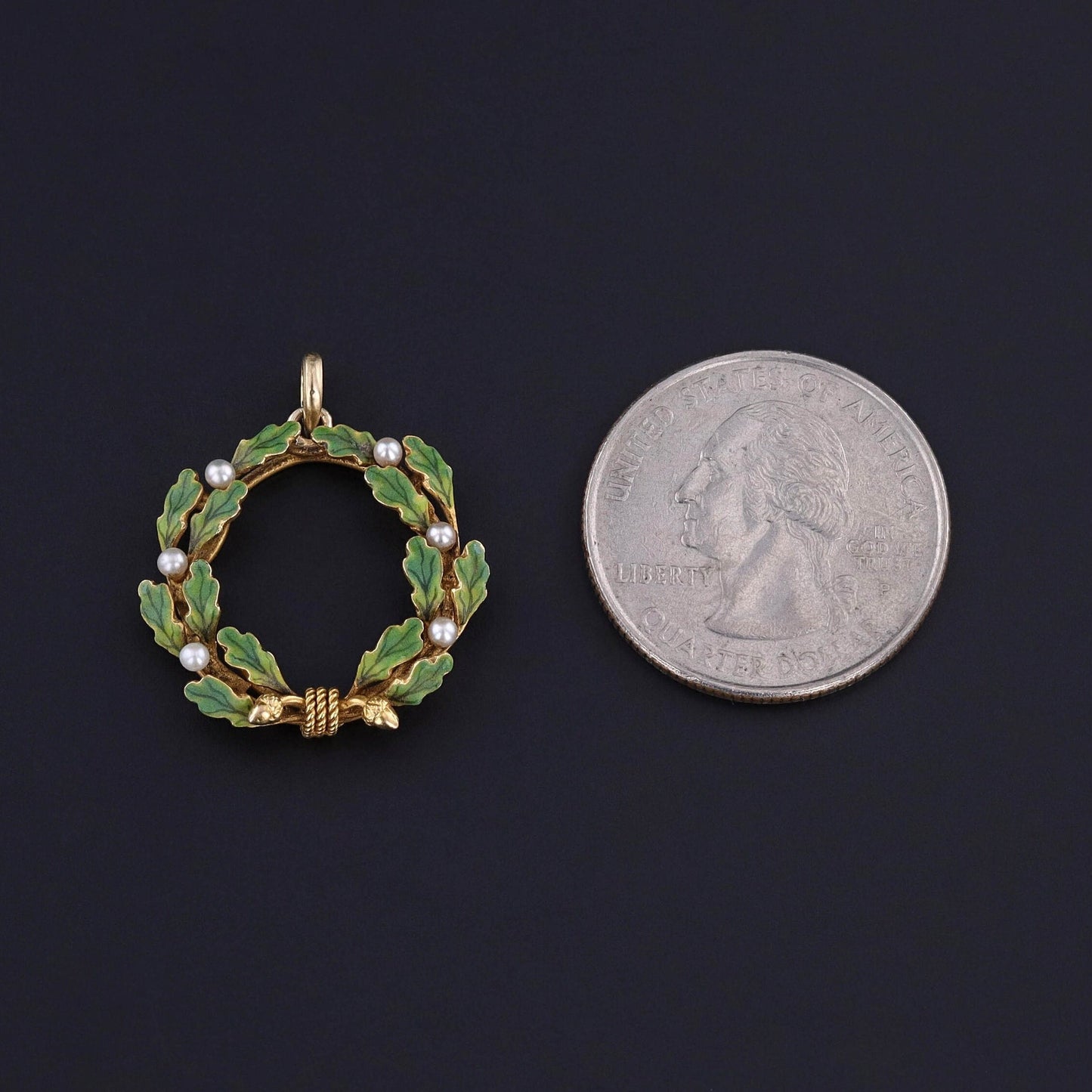 Antique Enamel Wreath Pendant of 14k Gold