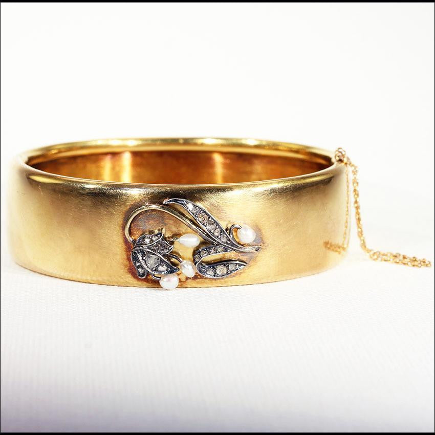 Antique Diamond Pearl Gold Bangle Bracelet with Lily of the Valley Flowers