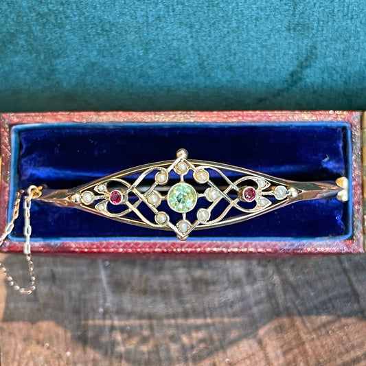 Antique Edwardian Suffragette Bangle Bracelet with Ruby, Pearls and Peridot 9k Gold