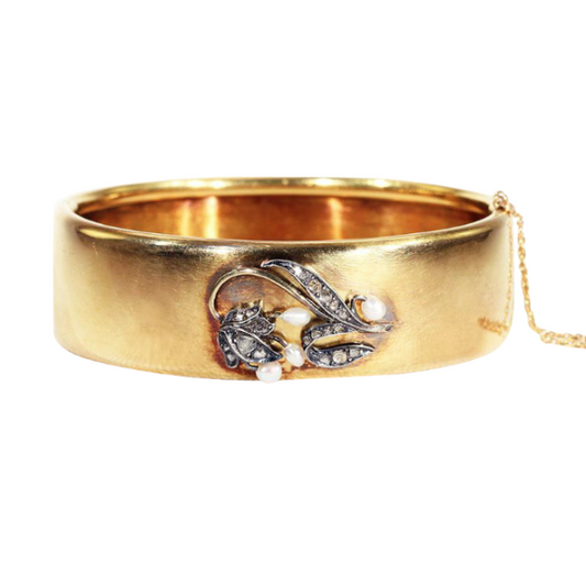 Antique Diamond Pearl Gold Bangle Bracelet with Lily of the Valley Flowers