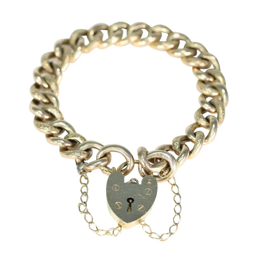 Antique 9k Gold Heart Curb Link Bracelet 7.75