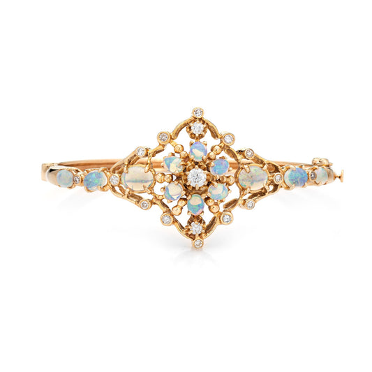 Opal Diamond Bangle Bracelet Cuff Vintage 14k Yellow Gold Estate Fine Jewelry