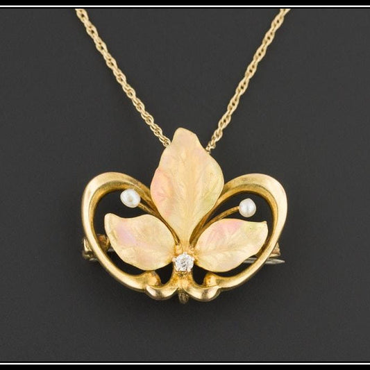 Antique Flower Necklace | 10k Gold Antique Brooch or Pendant on 14k Gold Chain