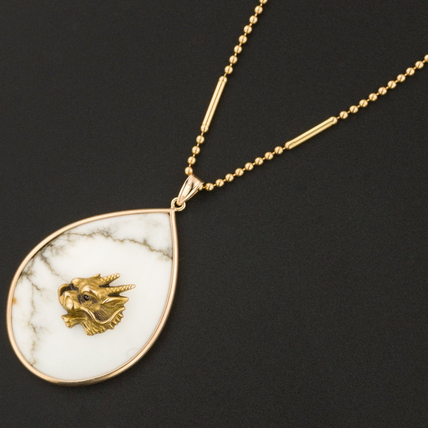 Antique Gold Dragon on Howlite Pendant | 14k Gold Pendant on Optional 14k Chain