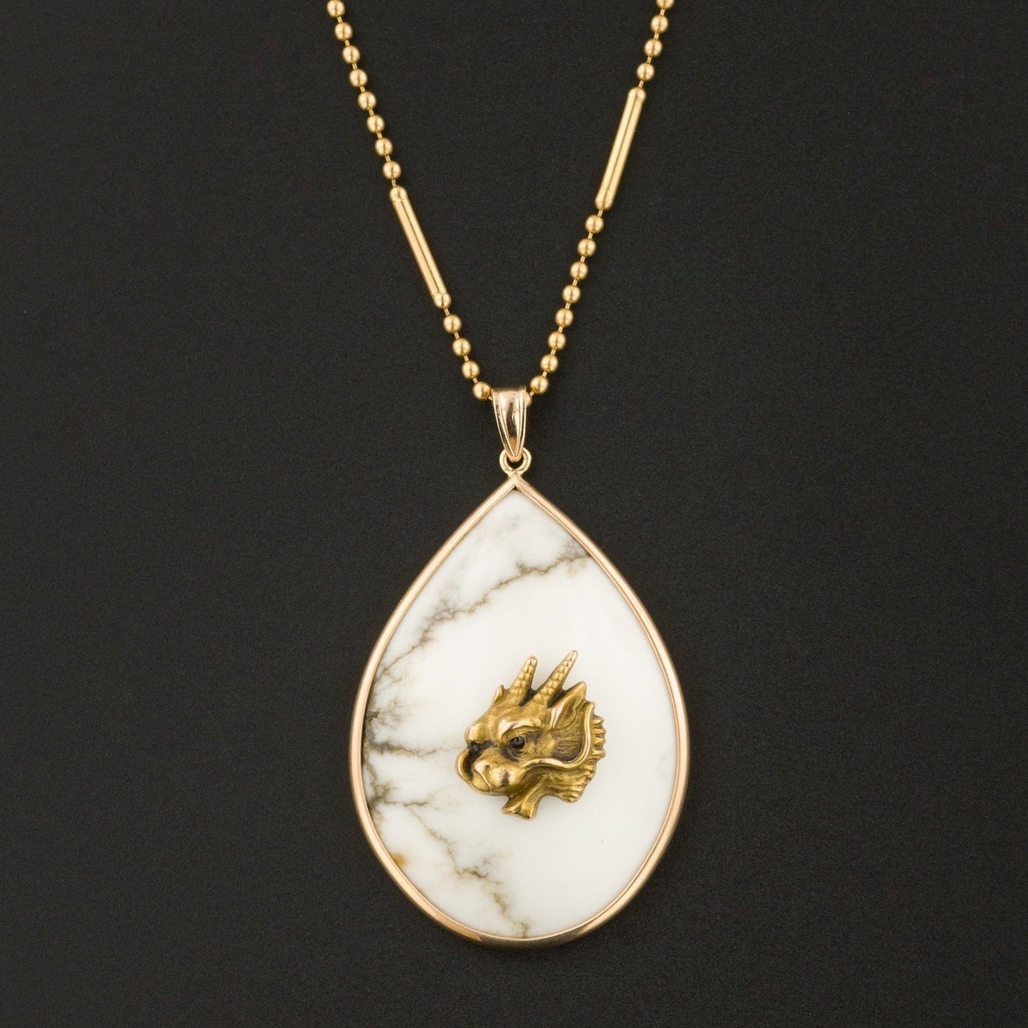 Antique Gold Dragon on Howlite Pendant | 14k Gold Pendant on Optional 14k Chain