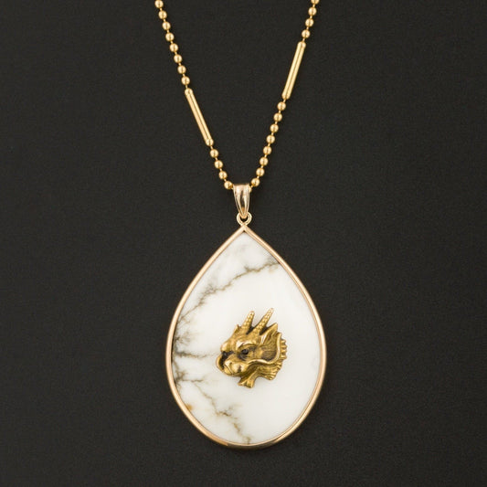 Antique Gold Dragon on Howlite Pendant | 14k Gold Pendant on Optional 14k Chain