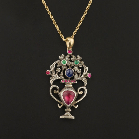 Antique Gemstone Giardinetti Flower Basket Conversion Pendant
