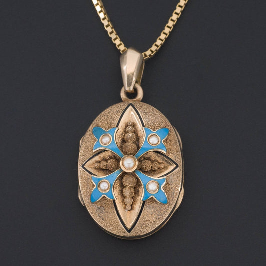 Antique Gold Locket | Blue Enamel and Pearl Locket