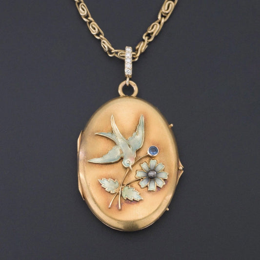 Antique Gold & Enamel Locket | Art Nouveau Bird Locket