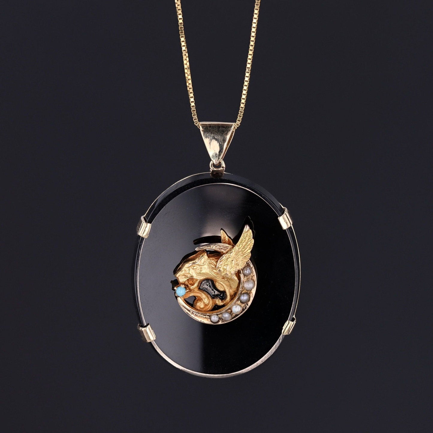 Antique Griffin on Onyx Conversion Pendant of 14k Gold