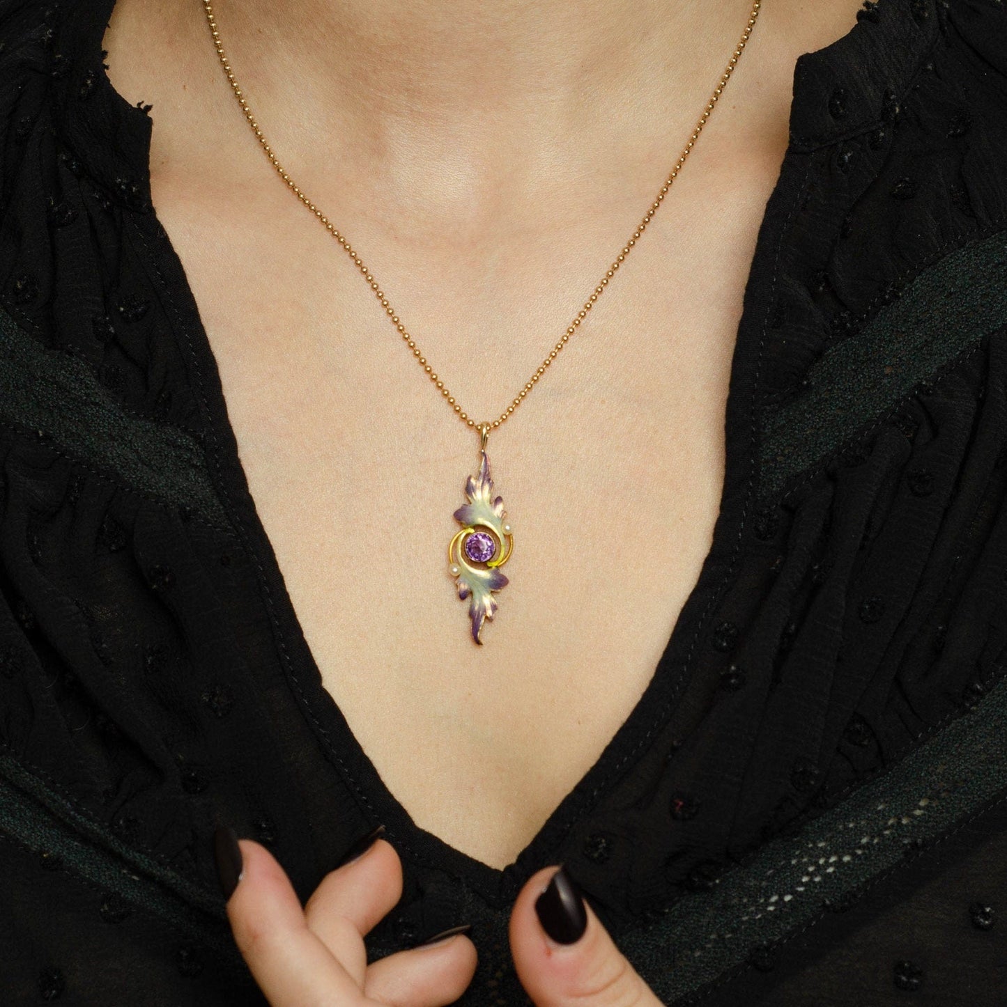 Antique Enamel Pendant | Amethyst & Pearl Pendant