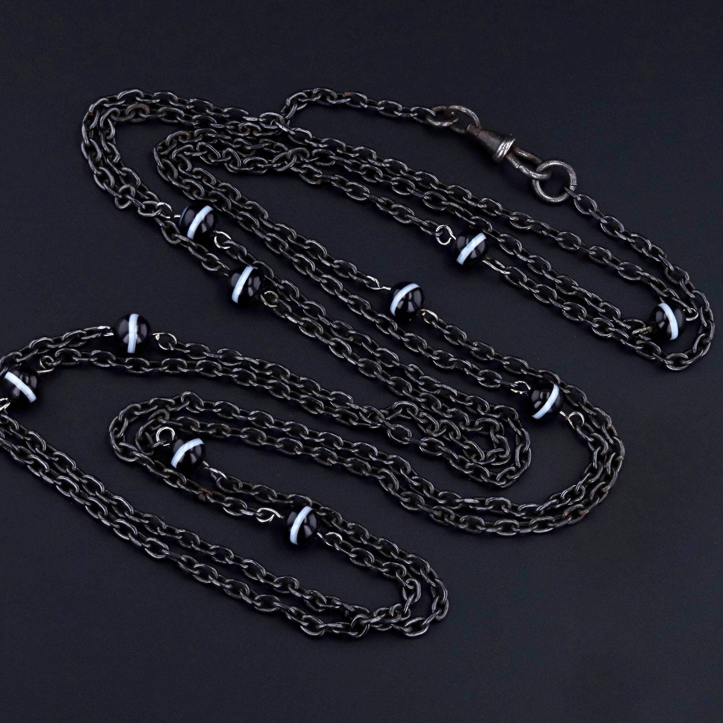Antique Gun Metal Necklace | Antique Gun Metal Chain With Banded Agate Beads