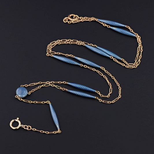 Antique Enamel Watch Chain | 14k Gold & Blue Enamel Chain
