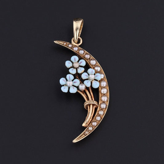 Antique Forget-me-not Pendant | 14k Gold, Enamel & Pearl Crescent Pendant
