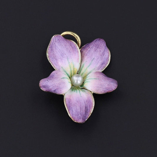 Antique Enamel Violet Pendant of 14k Gold
