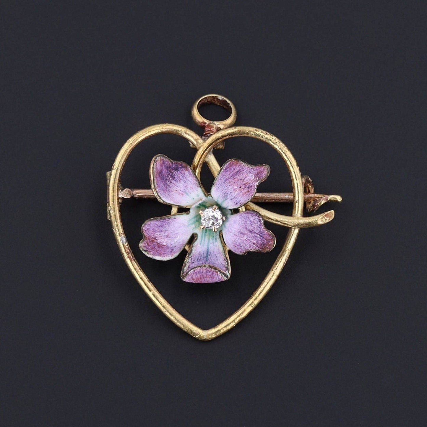 Antique Enamel Violet Heart Pendant or Brooch of 14k Gold