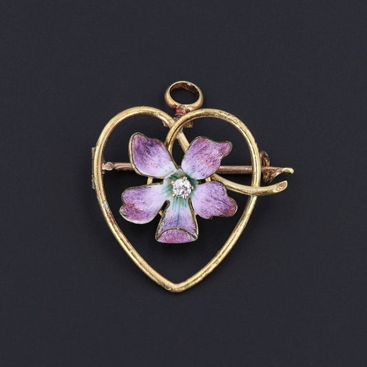 Antique Enamel Violet Heart Pendant or Brooch of 14k Gold