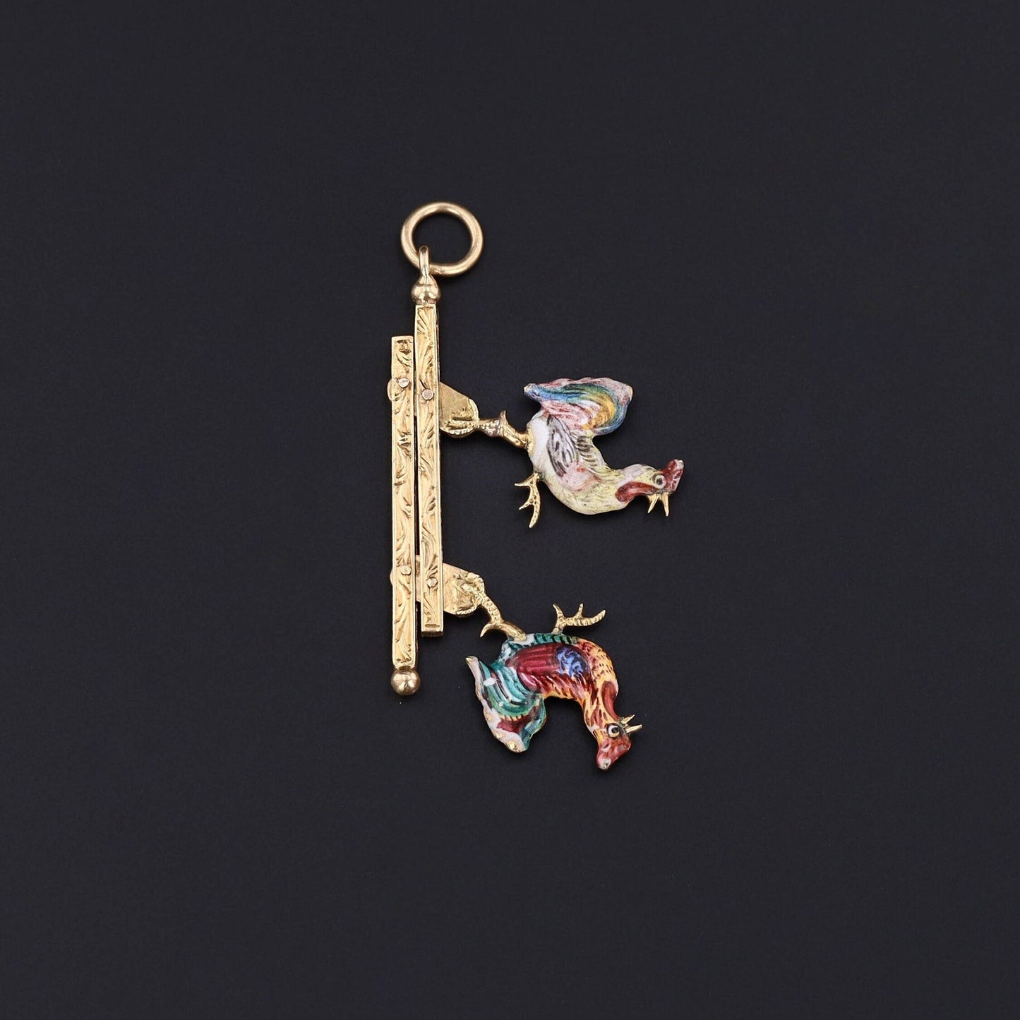 Antique Enamel Moveable Cockfight Pendant of 14k Gold