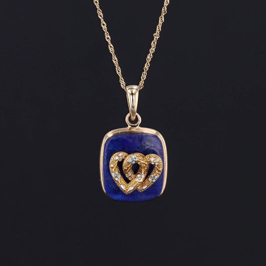 Antique Entwined Hearts Lapis Pendant of 14k Gold
