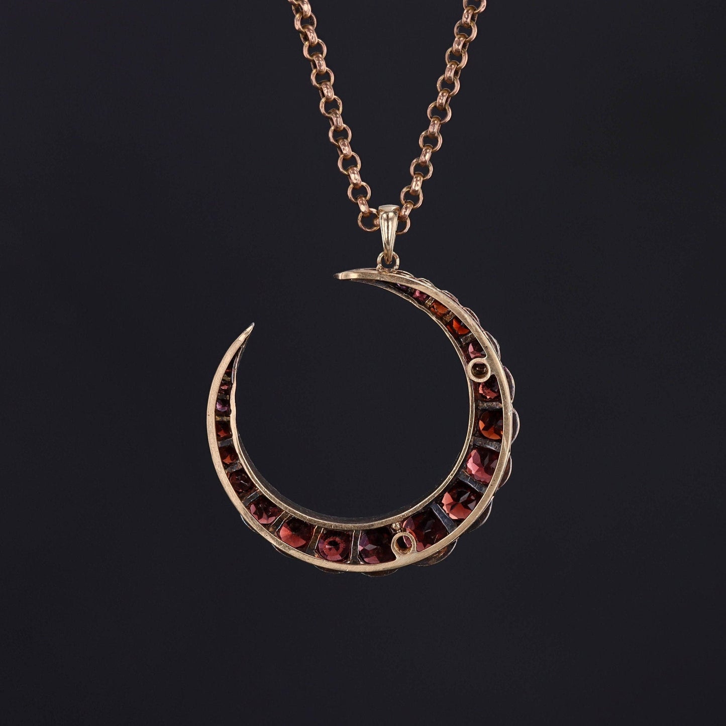 Antique Garnet Crescent Moon | Silver Topped 14k Gold Pendant on Optional 9ct Gold Chain
