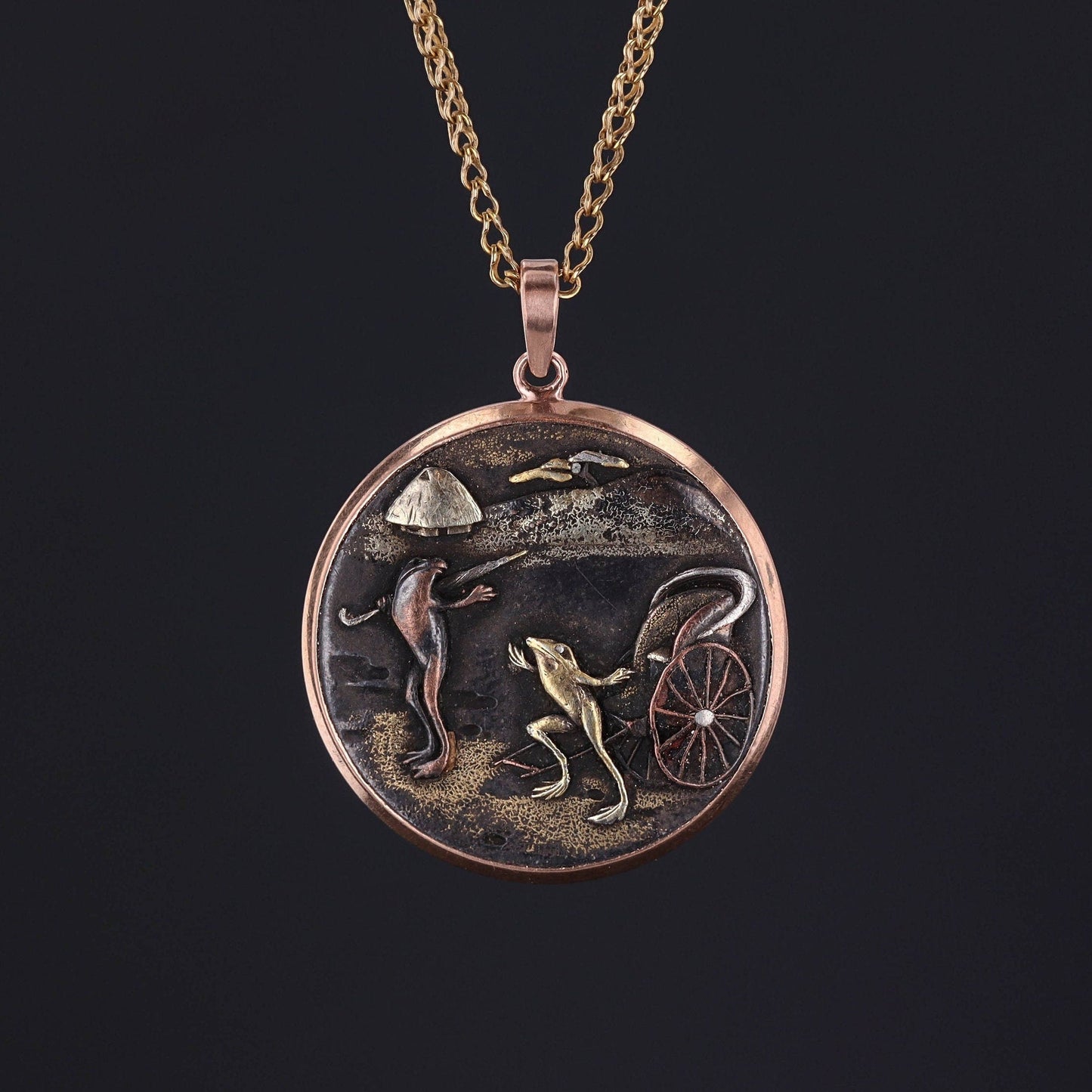 Antique Frog Shakudo Pendant Mounted in 14k Rose Gold