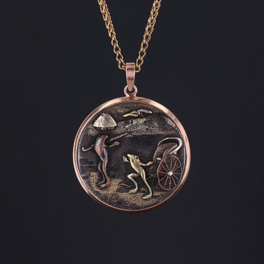 Antique Frog Shakudo Pendant Mounted in 14k Rose Gold