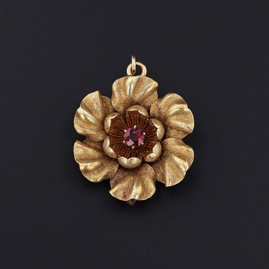 Antique Garnet Flower Pendant Brooch of 14k Gold