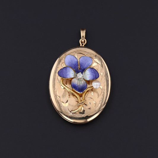 Antique Enamel Violet Locket of 14k Gold