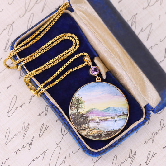 Antique Hand Painted Enamel Landscape Pendant of 14k Gold