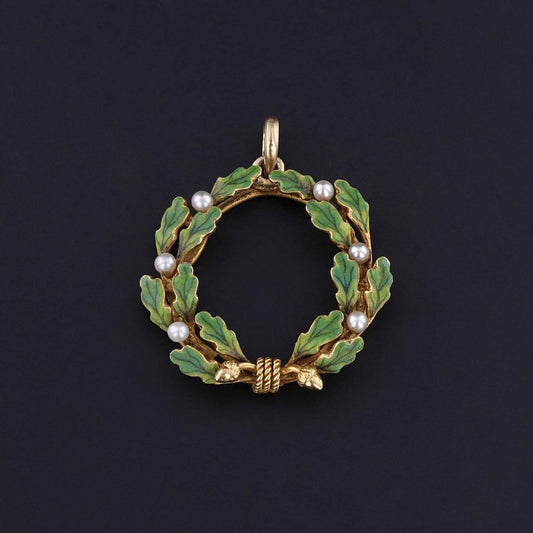Antique Enamel Wreath Pendant of 14k Gold